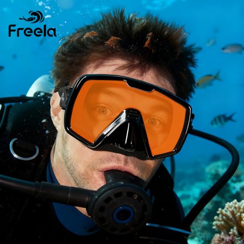 Image of Freela Adult Snorkel Diving Mask with Nose Cover, Tempered Glass Anti Fog Waterproof 180 Panoramic Wide View Scuba Free Diving Goggles for Men Women