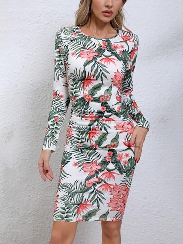 Image of Missufe Women's Long Sleeve Ruched Bodycon Casual Knee Length Floral Dress (White Floral, X-Large)