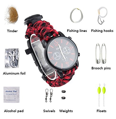 ZENDY 16 en 1 / Cuerda Paracord función Multi Kit de Supervivencia al Aire Libre (7 Cable de Cadena) (Rojo)