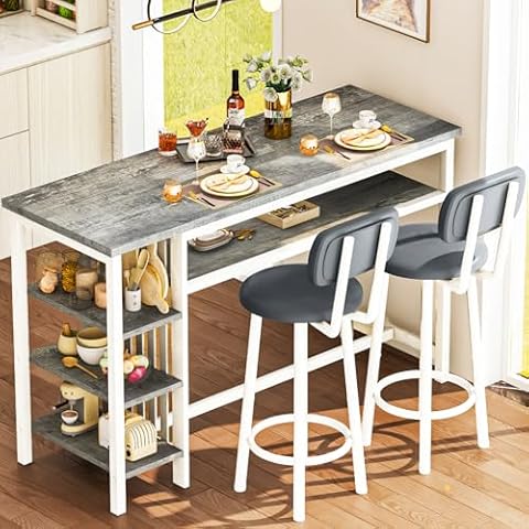 DKLGG 47" Bar Table and Chair Set, Small Kitchen Counter Dining Table Set for 2, 3 Piece Bar Height Table with 2 Stools & Storage, Pub Table Dining Set for Breakfast Nook, Small Space, Grey Cover