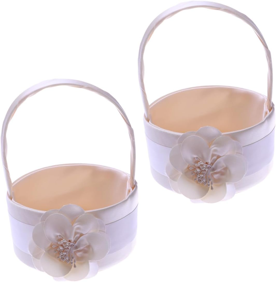 Satin Wedding Flower Girl Basket 2pcs Handheld Flower Basket with Floral Design Wedding Supplies for Ceremony and Party Decoration