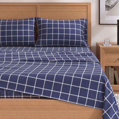 Image of Great Bay Home Flannel Sheet Set Full Size - 100% Turkish Cotton, Double-Brushed, Printed Bed Sheets - Ultra-Soft, Cozy, 4-Piece Bedding Set (Windowpane - Navy /White)