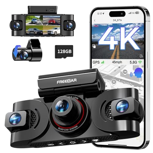 Image of 4K 360 Dash Cam, 4 Channel Dashcam Front and Rear Inside & Outside with WiFi, GPS, Parking Mode, Voice Control, Car Protection for Safer Driving, Teens, Road Trip, Travel, Family & Vanlife