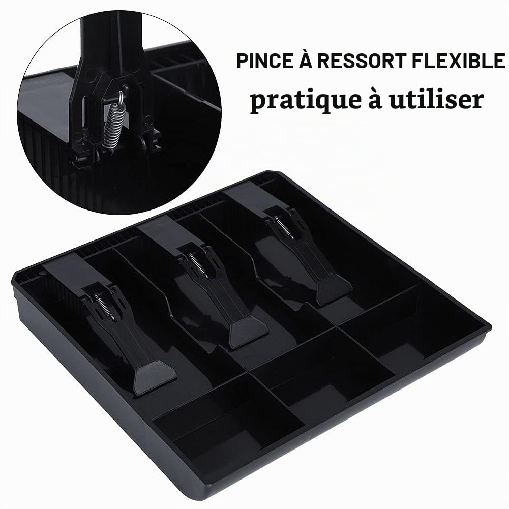 Tiroir Caisse, 24,5x24,5x3,5cm Caisse Monnaie, Plateau de Caisse Enregistreuse, Rangement billet de banque caisse, 6 grilles avec 3 billets et 3 pièces, pour POS Restaurant Supermarché(NOIR)