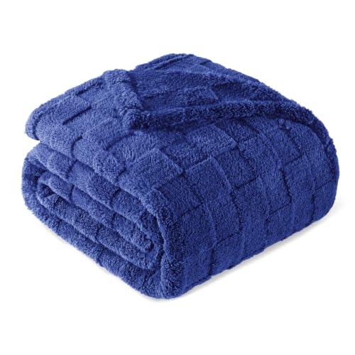 Exclusivo Mezcla 3D Checkered Fleece Queen Size Bed Blanket, Cobalt Blue