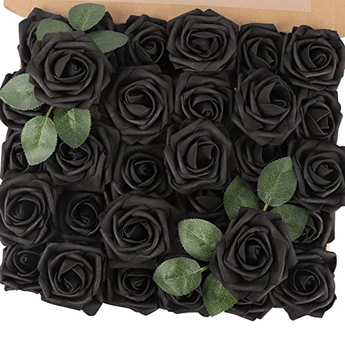 N&T NIETING Artificial Roses Flowers 30Pcs Real Touch Foam Roses Fake Flowers for DIY Wedding Bridal Bouquets Baby Shower Party Mothers Day Valentines Day Home Decoration (Black)