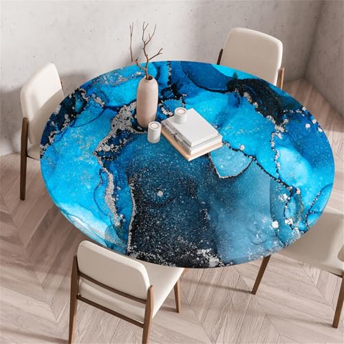 Muiuou Waterproof Elastic Fitted Round Tablecloth,Marble Printing Reusable Waterproof Oil-Proof Edged Protector Round Tablecloth,for Fitted Kitchen Restaurant Picnic (Diameter 60cm,Marble 13)
