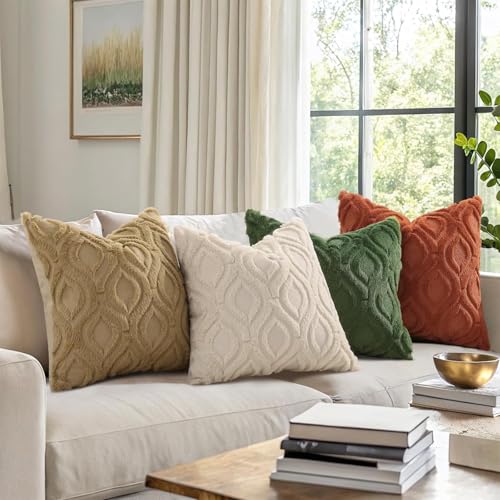 Image of decorUhome Fall Throw Pillow Covers 12x12 Inch Set of 2, Soft Plush Decorative Faux Fur Beige Solid Couch Pillow Covers, Accent Farmhouse Neutral Square Pillow Cases for Sofa Bed Living Room