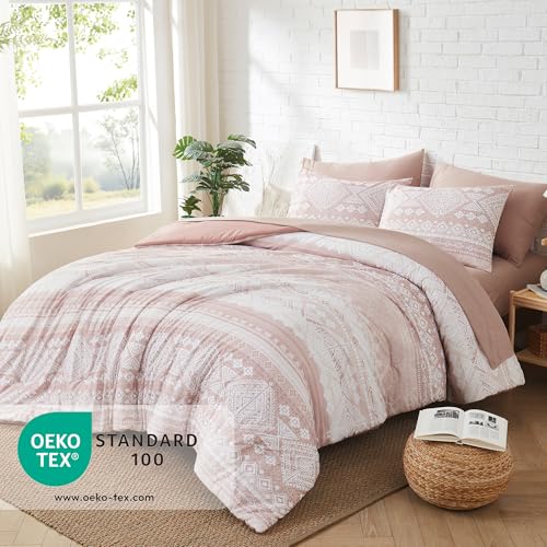 Geniospin Queen Comforter Set - 7 Pieces Reversible Bedding Set, Boho Bed in A Bag, Lightweight Soft Aztec Bedding, All Season Bed Comforter Set with Sheets, Pillowcases & Shams