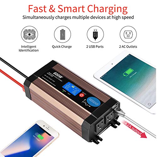 GISIAN 600Watt Pure Sine Wave Power Inverter 12V DC to 110V AC with LCD Display, Dual USB Ports and 2 AC Outlets, Perfect for CPAP RV Car Solar System Emergency