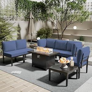 Patio Furniture Set,8 Pieces Modern Outdoor Conversation Set w/43in Gas Fire Pit Table, Outdoor Metal Sectional Sofa with 55000 BTU Propane Fire Pit.