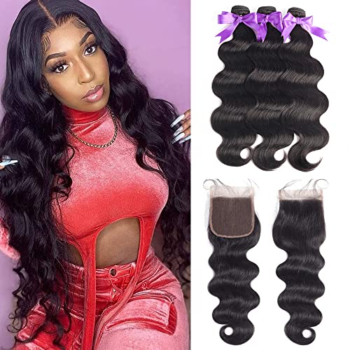 Brazilian Body Wave Human Hair Bundles with Closure 18 20 22 with 16"Closure 8A 100% Unprocessed Brazilian Virgin Hair Body Wave 3 Bundles with Free Part 4X4 Lace Closure Natural Color