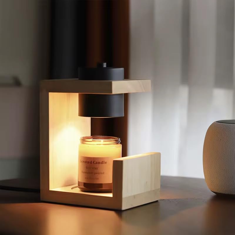 Lampe Chauffe-Bougie, Bois Naturel et Noir, avec Variateur d'Intensité et minuteur, Design Moderne pour Intérieur, Diffuseur de Parfum Sans Flamme