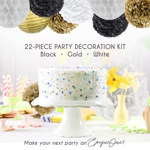 Epiqueone 22 Piece Birthday Decorations Kit; Party Decorations For Birthdays, & More; Tissue Pom Poms & Paper Lanterns (Black, Gold, & White) #TOP5
