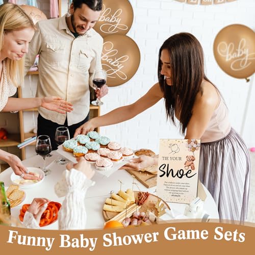 Image of Roowest 51 Pcs Tie Your Shoe Baby Shower Game Sign Wooden Sign Greenery Gift Sets Gender Reveal Party Favors 50 Balloons Latex Balloons for Game Wedding Supplies(Brown,Bear)
