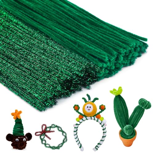 Image of Iuuidu 200 PCS Pipe Cleaners Chenille Stem, Green Craft Pipe Cleaners | 100 PCS Dark Green+100 PCS Glitter Green Pipe Cleaners, DIY Craft, Pipe Cleaners Bulk for Arts and Crafts Decoration