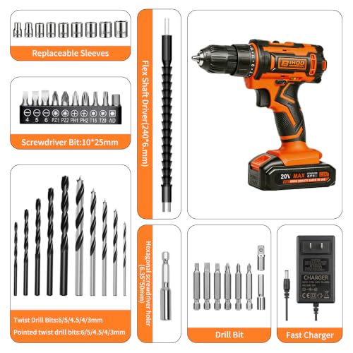 Image of 20v Drill Driver Set,Cordless Drill with Battery and Charger,LED Tools Kit,25+1 Torque Setting,43pcs Drill Bits,Orange