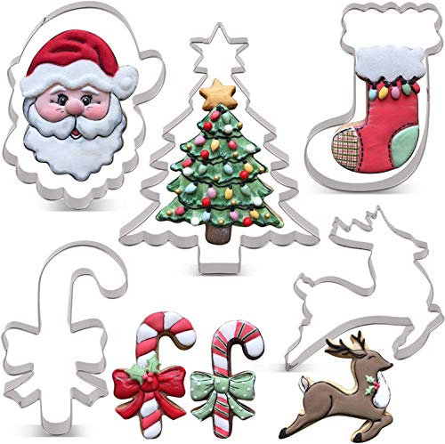 LILIAO Christmas Cookie Cutter Set - 6 Piece - Christmas Tree with Star, Santa Face, Gingerbread Man, Reindeer, Candy Cane with Bow and Stocking Biscuit Fondant Sandwich Cutters - Stainless Steel