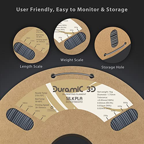 Image of DURAMIC 3D Silk PLA Filament Pure Shinny High Gloss Finish 1.75mm | 3D Printing Filament with Cardboard Spool,No-Tangling Neatly Wound Dimensional Accuracy 99% + /- 0.03mm 1KG Silk Silver