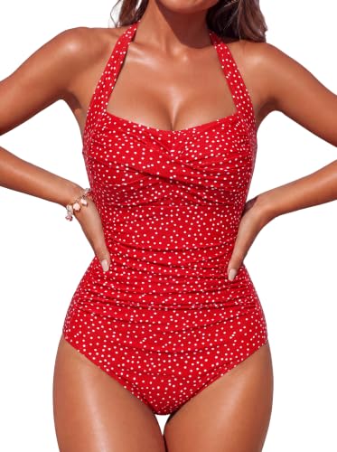 Image of Smismivo Tummy Control Swimwear Halter One Piece Slimming Vintage Retro Swimsuit Womens Ruched Push Up Bathing Suit