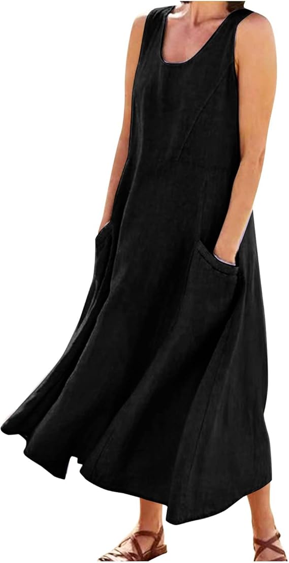 Plus Size Cotton Linen Summer Dresses for Curvy Women 2025 Sleeveless Maxi Vacation Beach Sundresses with Pockets