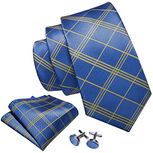 Image of Barry.Wang Tie Sets for Men Silk Stripe Necktie Woven Checkered Handkerchief Cufflinks Formal Business Wedding