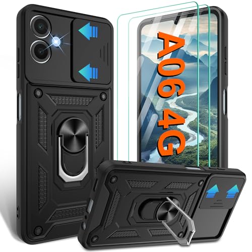 Gritup for Samsung A06 4G Case with HD Screen Protector×2 with Slide Camera Cover & Rotation KickstandMilitary Shockproof Rugged Shockproof ProtectiveBlack