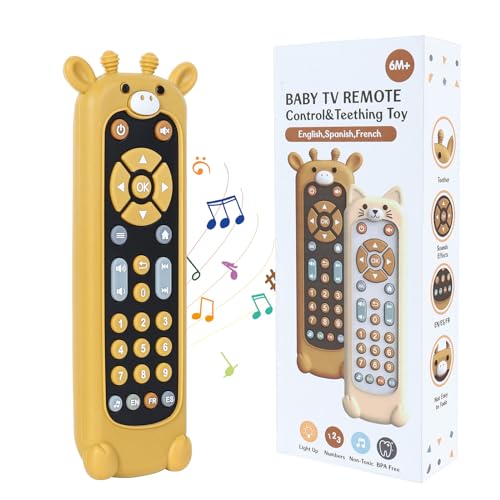 Orzbow Baby Remote Control Toy for 6 Month+ with Silicone Giraffe Teether Cover TV Remote Toy with Realistic Light and Sound - English French and Spanish for Infant Musical Toys BPA Free Black