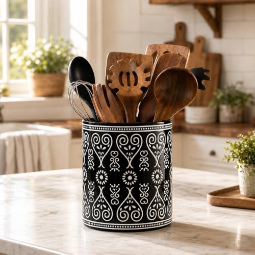Image of 7-Inch Heavy Ceramic Utensil Holder for Kitchen Counter, Black | 6-Inch Diameter, Extra Large Crock with White Boho Pattern for Rustic Kitchen Decor