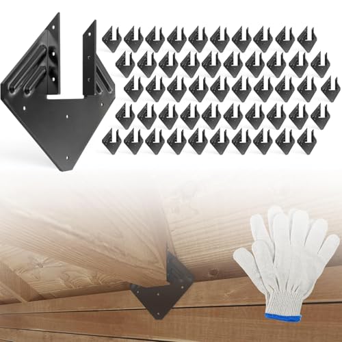 Image of 50pcs 14-Gauge Hurricane Ties for Rafter, Black Hurricane Straps Brackets | Hot Dip Galvanized Black Joist Hangers Fit 2x4 2x6 Truss, Hurricane Clips for Roofing Wood Timber with Gloves