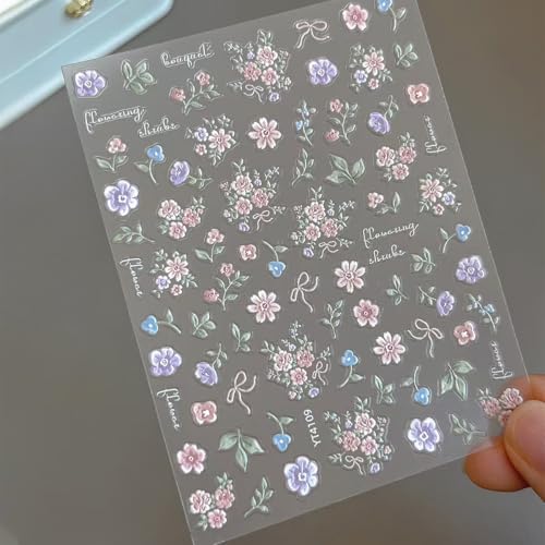 Image of Flower Nail Stickers for Nail Art Colorful Nail Stickers Small Floral Nail Decals Self Adhesive 5D Embossed with Design Spring Manicure Supplies Charm for Women Girls Accessories