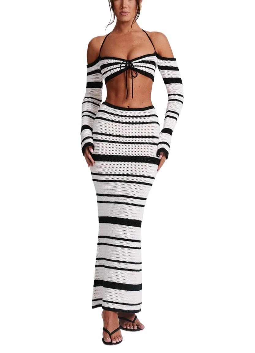 Set Gonna da Donna in Maglia all'Uncinetto in 2 Pezzi Top in Maglia con Volant Gonna Lunga Aderente a Righe Copricostume da Spiaggia Streetwear(Black,S)