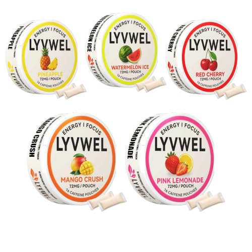 Image of LyvWel 72mg Caffeine Energy Pouches - Sampler Pack (Pink Lemonade, Mango Crush, Pineapple Crush, Watermelon, Cherry Blast) - Clean Energy with Guarana - 5-Pack (80 Total Pouches)