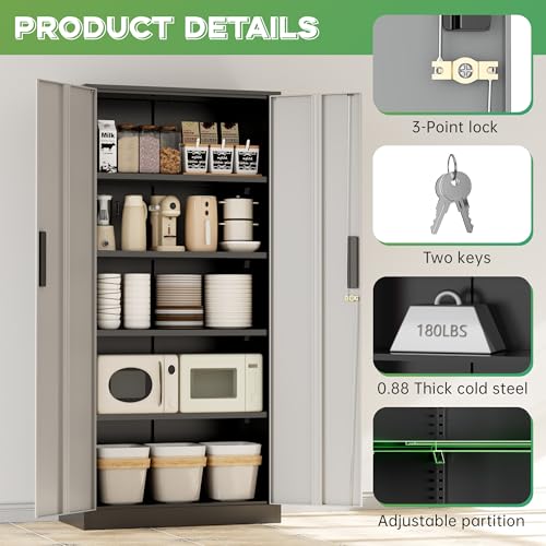 Image of INTERGREAT Metal Storage Cabinet with Lock, 71 inch H with 2 Doors and 4 Adjustable Shelves, Locking Garage Cabinet for Home Office, Kitchen, Bathroom, 16 inch D x 32 inch W x 72 inch H (Black Grey)