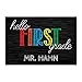 Personalized Planet Hello First Grade Doormat with Custom Teacher Name Printed on Black Rectangular 1/8â€ Thick Non Slip Mat for School Classroom or Home, 27x18