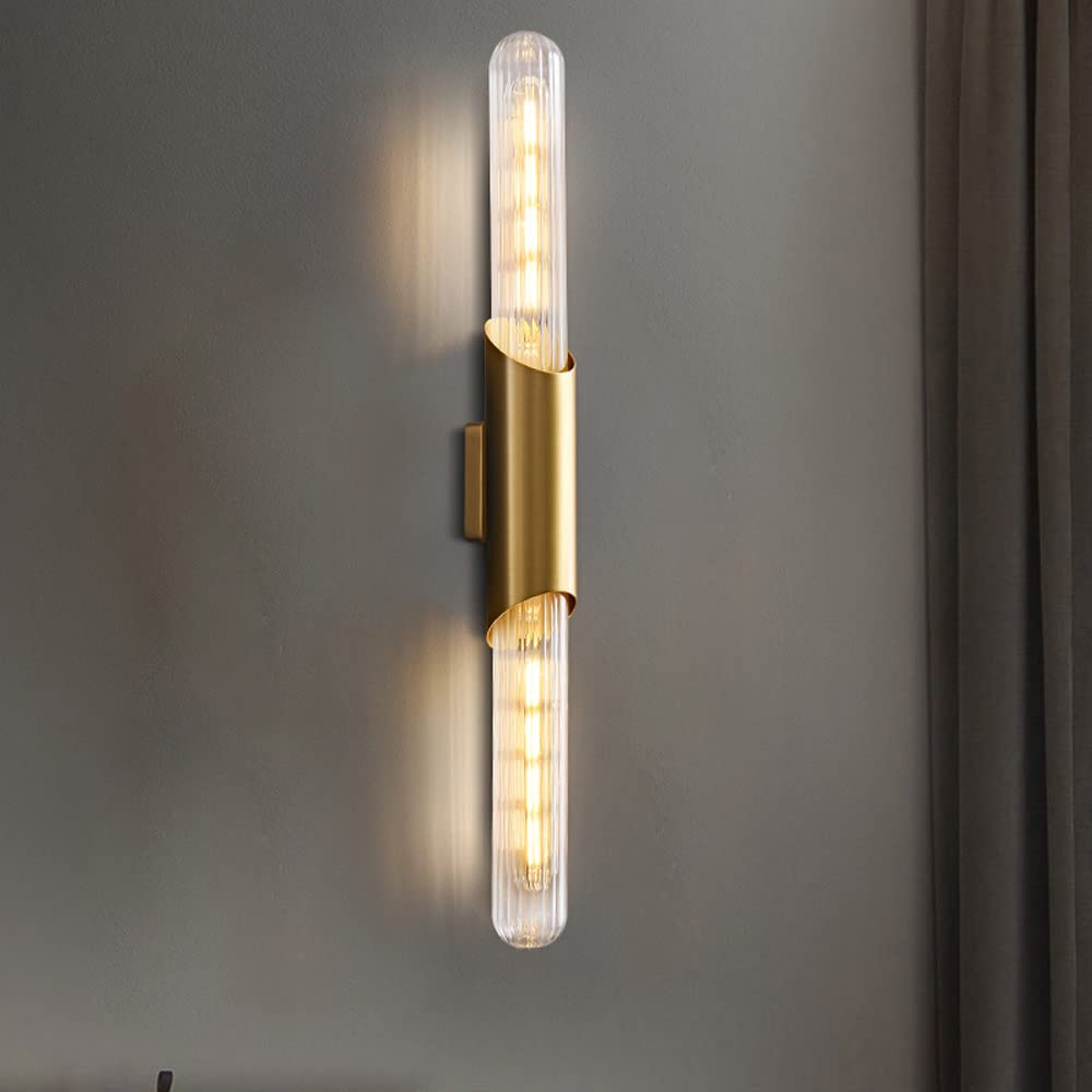 YNIYUJKL Wall Lamp, Glass Vanity Wall Light Modern Copper Wall Sconce With Ribbed Lamp Shade, Nordic Wall Mount Lighting Fixture Home Decor Wall Lamps For Bedroom Living Room