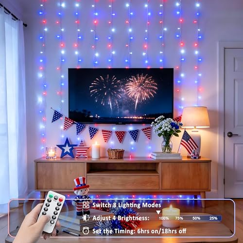 Image of JMEXSUSS 200 LED Red White and Blue Curtain Lights, 6.5ft x 6.5ft | 4th of July Lights USB Plug in, 8 Modes Patriotic Hanging String Lights with Remote for Memorial Day Independence Day Decor
