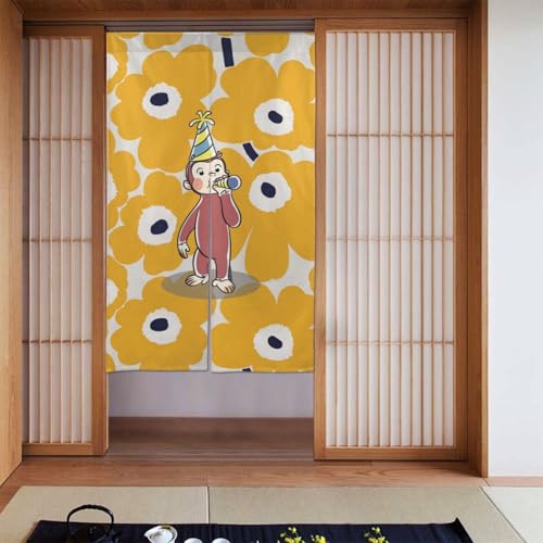 おさるのジョージ 花柄 のれん カーテン ドアカーテン 暖簾 目隠し 玄関 キッチン ロング 間仕切り 断熱 リビング 遮光 厚手 階段 おしゃれ かわいい キャラクター