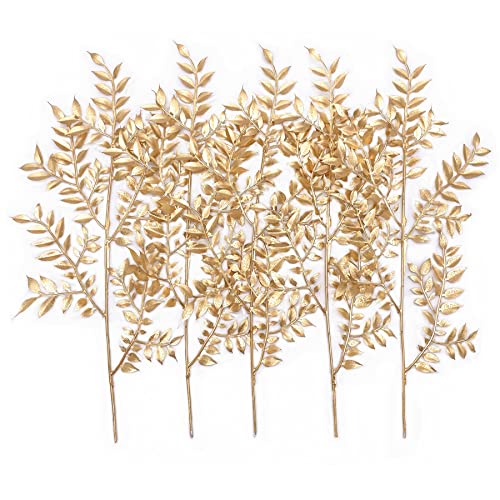 PASYOU Fake Leaves Plants for Christmas Decor, Gold Artificial Shrubs Grass Foliage Plastic Bulk...