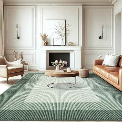 GarveeHome Area Rugs 9x12 Living Room Rug, Modern Bordered Machine Washable Rug Large Soft Geometric Carpet for Bedroom Non Slip Stain Resistant Neutral Solid Carpet for Dining Room Farmhouse,Green