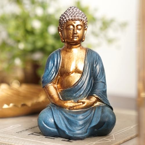 Image of PURE HOME + LIVING Dark Blue Antique Gold Polyresin Sitting Buddha - Small Statue | for Office, Temple, Home Decor, Gifts, Mahavirjayanti & Living Room | Peaceful Buddha Sculpture (Pack of 1)