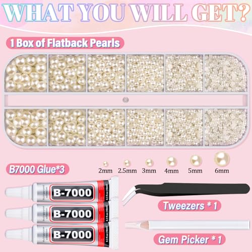 Image of Flatback Pearls for Crafting with 3Pcs 10ml B7000 Jewelry Glue, 1 Box of Half Round Beige Pearls, Bedazzling Beads for DIY Crafts Clothing Tumblers Shoes Embellishment Nail Art