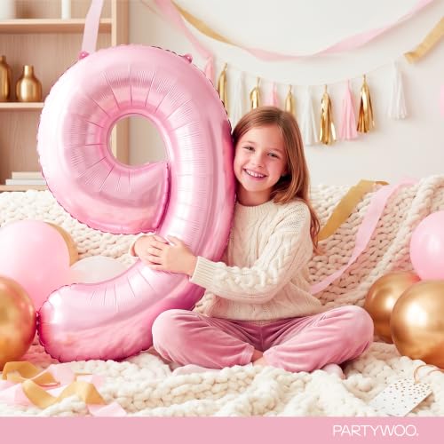 Image of PartyWoo Baby Pink Number 9 Balloon 40 Inch 25pcs Pink Foil Star White Gold