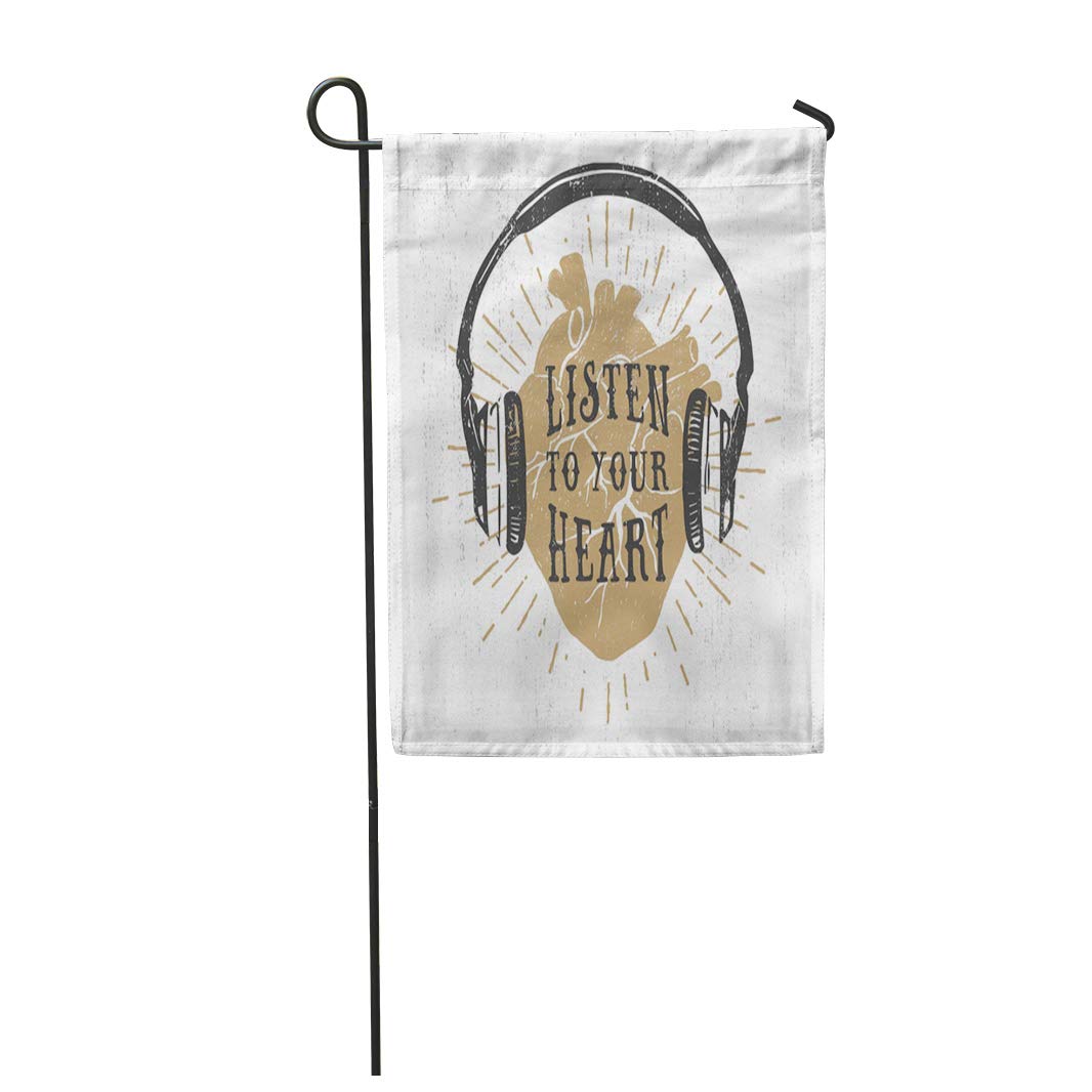 Semtomn Garden Flag 12x18 Inches Print On Two Side Polyester Romantic Golden Human Heart Headphones and Inspiring Lettering Home Yard Farm Fade Resistant Outdoor House Decor Flag