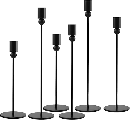 Juego de portavelas altos negros, 6 candelabros de pilar de globo y columna, decoración de centro de mesa para mesa de comedor, boda, manto, regalo