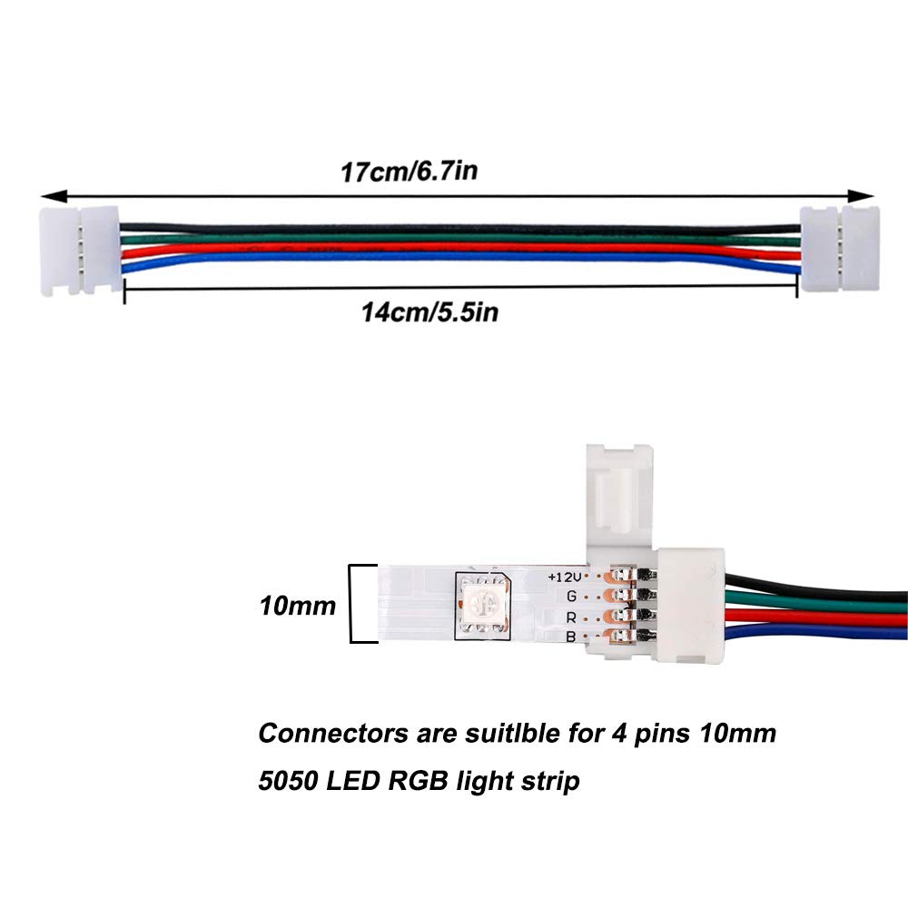 FULARR 12Pcs Profesional 4 Pin LED Luz Tira Conector, No-Impermeable Snap Down LED Conector, 10mm Sin Soldadura 5050 RGB Luz Tira Conector.