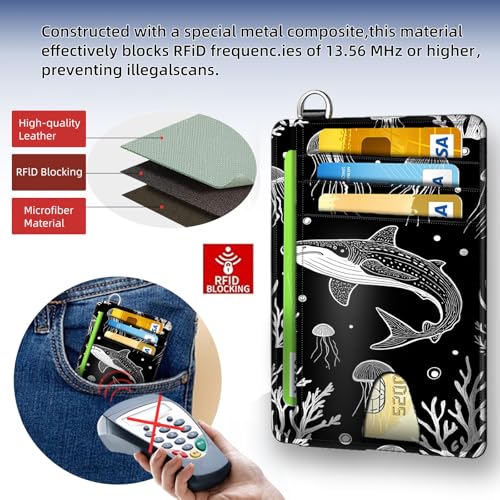 Slim RFID Blocking Wallet Minimalist Front Pocket Card Holder, Whale Shark and Jellyfish Secure Leather Credit Card Case with Security Pockets for Men and Women4