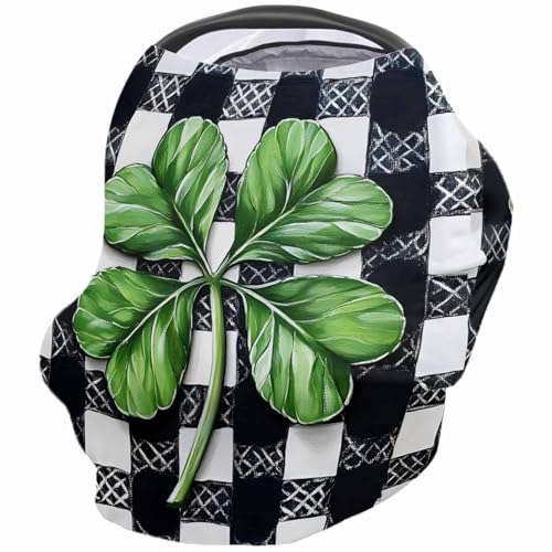 Nursing Cover for Breastfeeding Scarf, Four Leaf Shamrock St. Patrick's Day Black White Plaid Baby Car Covers Super Soft Multi Use for Canopy Shopping Cart Cover Blanket Stroller Cover