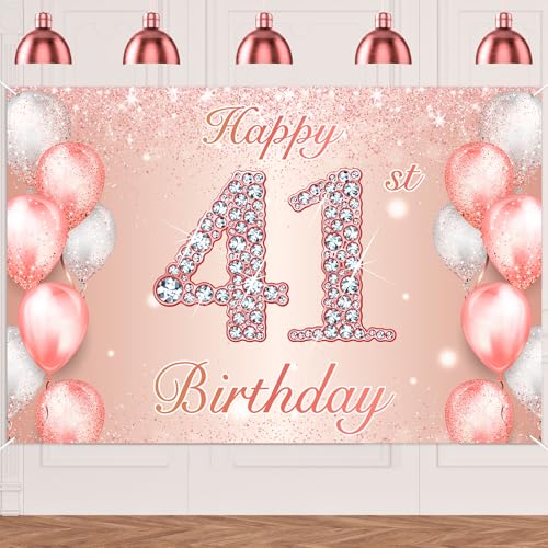 Image of Happy 41st Birthday Rose Gold Banner Cheers to 41 Years Old Backdrop Confetti Balloons Theme Decor for Women 41 Years Old Pink Birthday Party Decorations Bday Supplies Background Favors Gift Glitter
