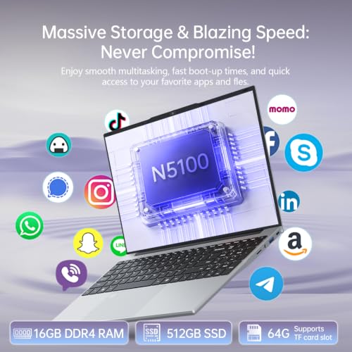 Image of Laptop, 15.6 Inch Laptop Computer, 16GB RAM 512GB SSD, Win 11 Pro Laptops, Celeron N5100 (Up to 2.8GHz), FHD 1080P, 180 Open, Backlit KB, Fingerprint, WiFi, BT, TF Card, Mini HDMI, Silver PC Lap top